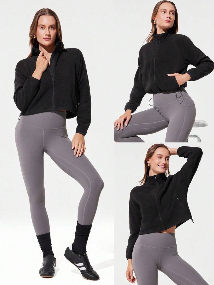 Thin Polar Fleece Loose-Fit Cropped Drawstring Long Sleeve Jacket