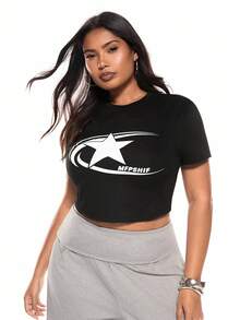 Solavibe 休闲星星和文字印花圆领短袖修身大码女式 T 恤，适合夏季 - 黑色 - 查看 1