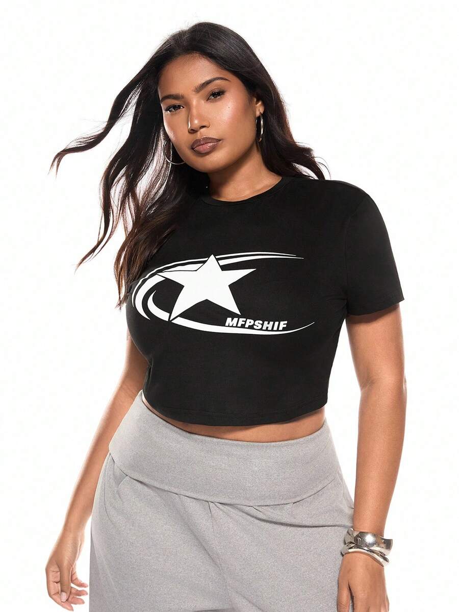 Solavibe 休闲星星和文字印花圆领短袖修身大码女式 T 恤，适合夏季 - 黑色 - 查看 1