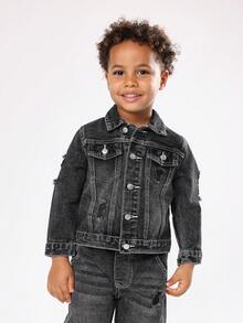 SUMWON 儿童经典牛仔夹克破洞设计街头风格卡车司机牛仔外套都市时尚休闲日常冬春两用