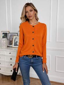 EMERY ROSE Solid Color Round Neck Front Button Casual Cardigan Fall Winter Cloth For Women - Orange - View 4