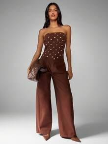 MISSGUIDED 棉质铆钉牛仔抹胸束身胸衣，西部Y2K风格复古修身无肩带胸衣，适合派对、夜店和节日穿着 - 咖啡棕 - 查看 3
