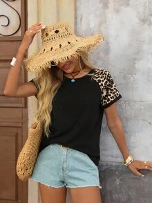 Brillora Leopard Print Raglan Sleeve Tee For Summer Basic Tees - Black - View 7