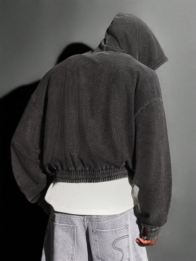 Waffle Knit Cropped Zip Hoodie With Side Pockets