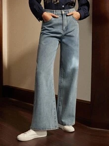 Écloséra Quần jean nữ Nút Nghề thêu Túi Dây kéo Hoa - Rửa nhẹ - Xem 2