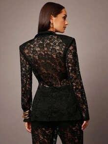 Silquee Fall Women's Clothing, Commuter Fashion, Fall Women's Clothing, Fall Essentials, Women's Lapel, Long-Sleeved Lace See-Through Slim Fit, Elegant Black Blazer, Women's Lace Jacket, Women's Black Blazer - Black - View 2