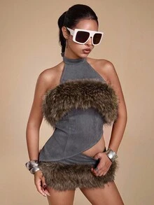 ROMWE Grunge Punk Women's Y2K Suede Patchwork Faux Fur Collar Vintage Distressed Top - Dark Grey - View 1