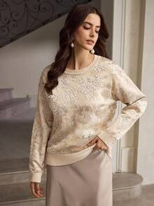 ZEYLAH 花卉图案优雅针织毛衣 - 卡其色 - 查看 4