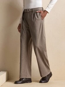 AKNOTIC Men's Solid Color Waistband Design Pleated Wide Leg Loose Casual Pants, For Fall - Brown - View 1