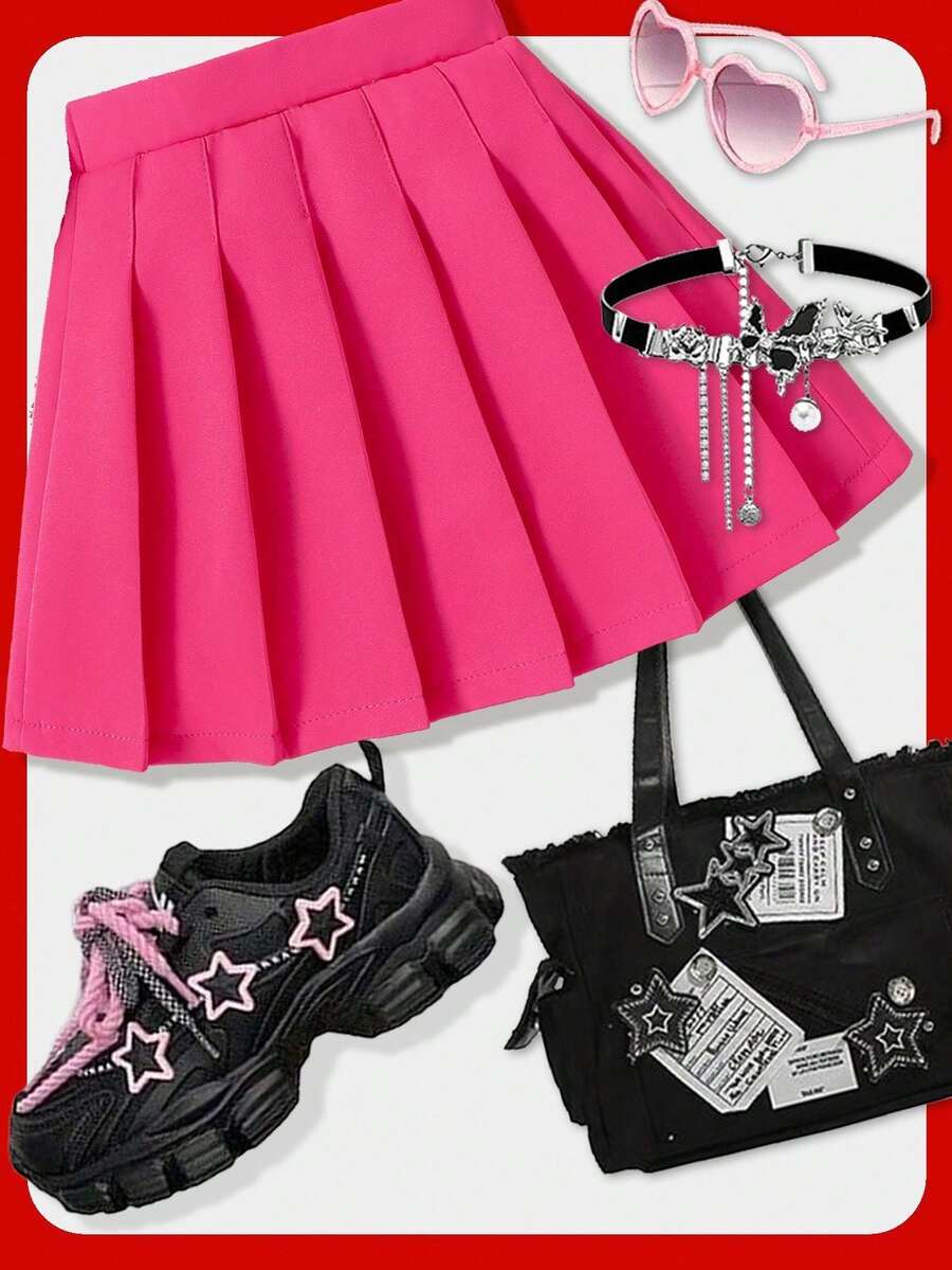 SHEIN Elladie kids Young Girl Simple Solid Color Pleated Mini Skirt - Pink - View 1