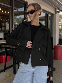 Siren Gaze Áo khoác trench coat cài nút rút dây trơn màu dành cho nữ - màu đen - Xem 5