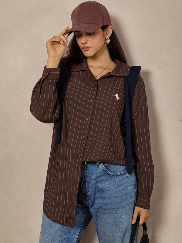 Zelara Vintage Coin Pattern Striped Plus Size Loose Shirt Winter Clothes Fall Clothes For Women Thanksgiving Outfit For Women Thanksgiving Shirt Casual Blouses For Women Casual Outfit For Women Brown Top Brown Shirt Brown Shirt Women