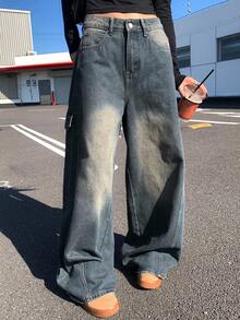 DAZY 女式口袋阔腿宽松休闲百搭牛仔裤，宽松牛仔裤 - 深灰色 - 查看 5