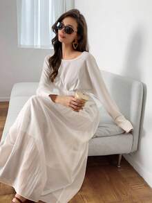 Elyressa 女式蝙蝠袖褶饰系腰衬衫和 A 字裙两件套 - 白色 - 查看 2