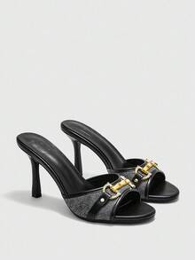 CUCCOO BIZCHIC Denim & PU Mixed Gold Bone Buckle Fashionable Mule Round Toe High Heel Sandals