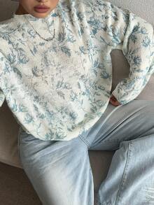 Dazy Plus 女式时尚花卉印花宽松加大码圆领套头衫，春秋季 - 淺藍色 - 查看 5
