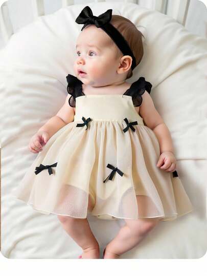 Newborn Baby Girl Cute Elegant Apricot Bow Decor Sleeveless Bodysuit, Summer