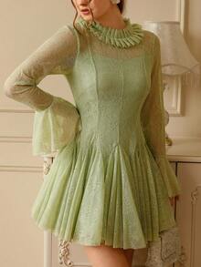 Aveloria Rosie Green Crochet Lace Ruffle Trim Pleated Bodice Flared Skirt Waist Cinched Party Dress, Elegant & Versatile Women Long Sleeve Dress