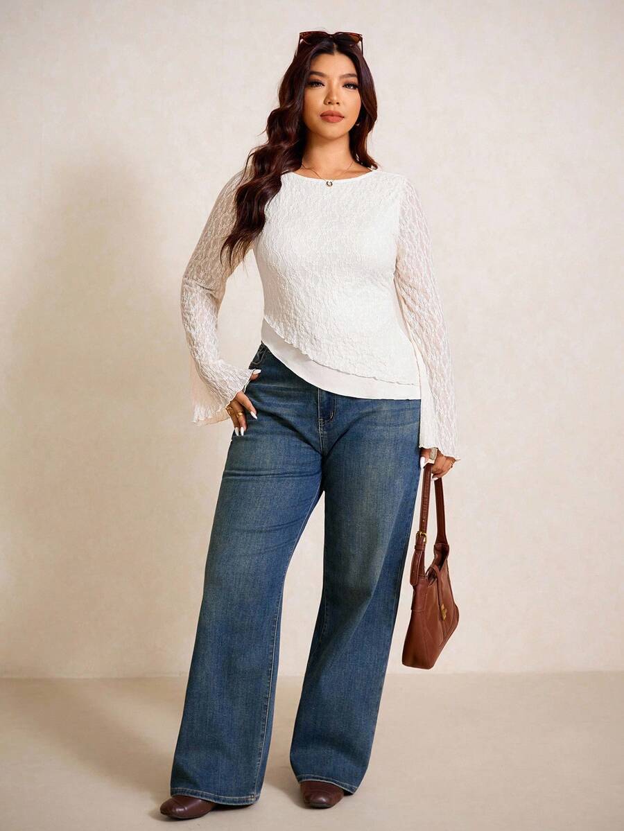 Elaquor Women Plus Size Asymmetric Hem Solid Color Long Sleeve T-Shirt, Minimalist Spring - White - View 1