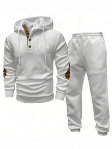Manfinity Homme Men's Solid Color Patchwork Long Sleeve Front Button Hoodie And Pants Outfit, Minimalist, Fall Clothes