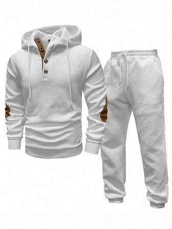 Manfinity Homme Men's Solid Color Patchwork Long Sleeve Front Button Hoodie And Pants Outfit, Minimalist, Fall Clothes