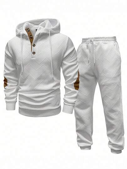 Manfinity Homme 男士纯色拼接长袖前扣连帽衫和裤子套装，简约秋季服装