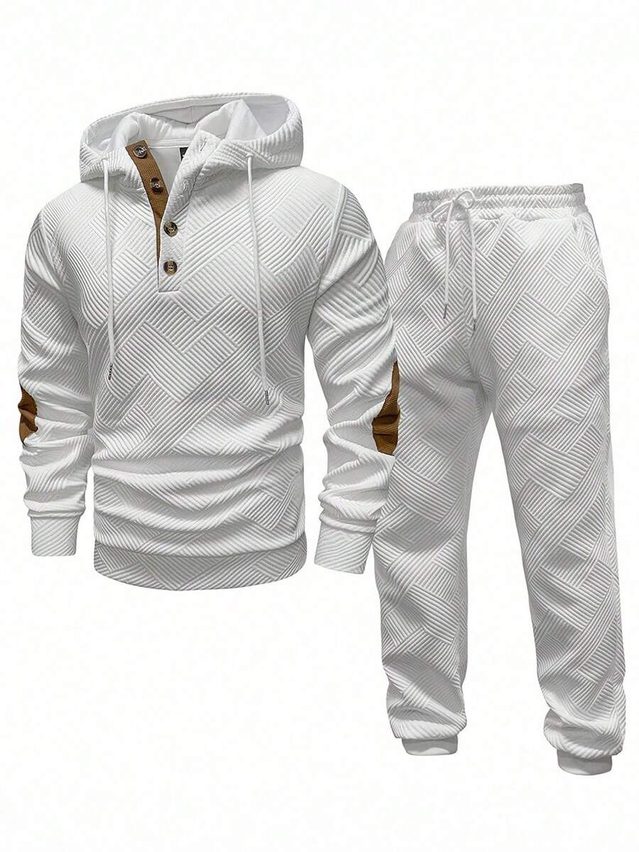 Manfinity Homme Men's Solid Color Patchwork Long Sleeve Front Button Hoodie And Pants Outfit, Minimalist, Fall Clothes