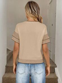 Easowa Women's Striped Contrast Trim Crew Neck Knit Top,Fall - Khaki - View 2