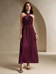 Anewsta 交叉（带固定扣）挂脖优雅都市度假无袖连衣裙 - 中紫紅色 - 查看 6