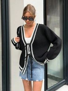 EURMUSE Plus Women Contrast Hem Detailed Front Tie Chunky Cardigan - Black - View 6