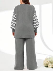 SHEIN Cottnline Plus Size Striped Color Block Sweater And Pants Two-Piece Set, For Winter - Grey - View 2