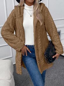 EMERY ROSE Chaqueta con capucha casual y suave con botones, para otoño - Marrón - Ver 6