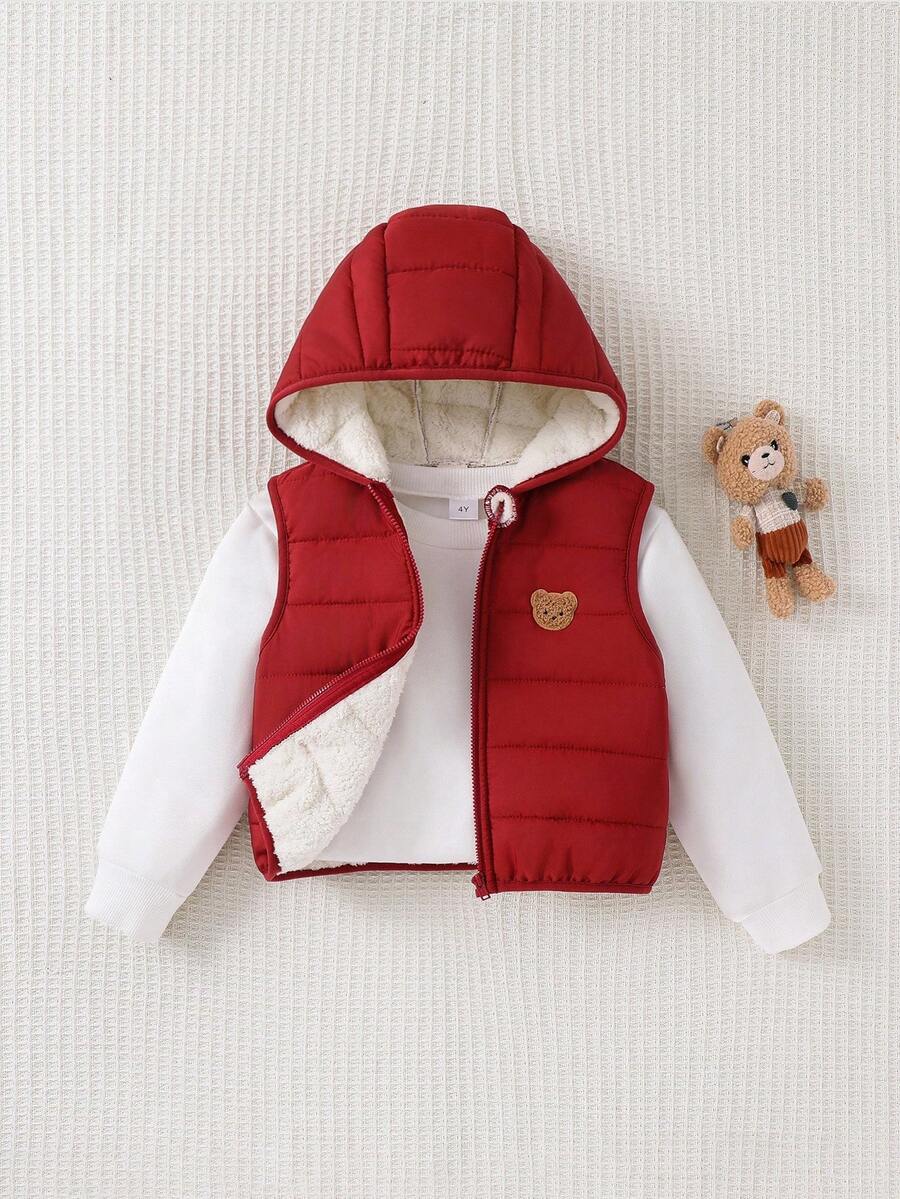 Cozy Pixies Newborn Baby Boy Cartoon Bear Pattern Hooded Fleece Vest Cardigan - Burgundy - View 1