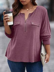 EMERY ROSE Plus Size Women's Solid Color Zip-Up Half Placket Long Sleeve Casual Loose T-Shirt - Purple - View 3