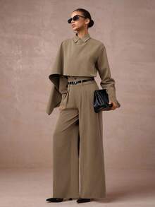 Lumalex 2 件套女式高腰收腰中长款西装外套，带斗篷袖，秋冬装