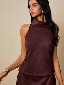 Poéselle Women's Summer Fashion Commuter Solid Color Mandarin Collar Camisole,Brown Top - Coffee Brown - View 8