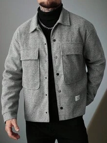 Manfinity Homme Mantel Pria Warna Polos Lengan Panjang dengan Saku Serbaguna, Kancing Depan, Kasual, Abu-abu, Gaya Klasik, Musim Gugur/Musim Dingin - Grey - View 4