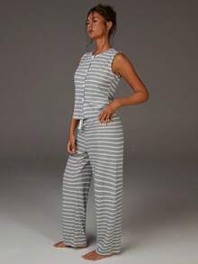 Athîral 女士休闲前扣条纹印花吊带上衣和裤子睡衣套装，居家装 - 淺灰色 - 查看 5