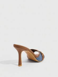 CUCCOO SZL Women's Retro Vintage Style Round Toe Mule High Heel Sandals, Blue & Brown Color Combination, Fashionable & Comfortable