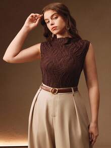 Anewsta Plus Size Women Solid Color Textured Fabric Sleeveless Ruffle Collar Fitted Tank Top, Suitable For Spring, Summer, Going Out, Elegant, Formal, Party, Chic, New Year, Christmas, Graduation - Coffee Brown - View 3