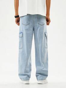 SHEIN Teen Boys' Casual Washed Light Blue Cargo Jeans, Comfortable Relaxed Fit With Elastic Waistband