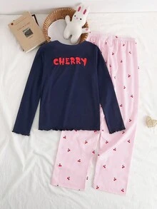 Genkimix Kids 女童蓝灰色樱桃印花长袖上衣和罗纹休闲裤家居服套装 - 彩色 - 查看 2