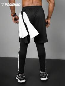 Manfinity Acti Log 男士撞色条纹抽绳腰带二合一运动裤 - 黑色 - 查看 4