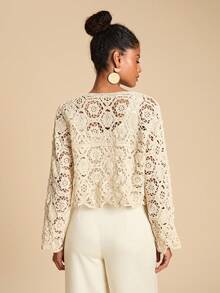 Travachic Cardigan décontracté à manches longues et ajouré pour femmes, léger, pour l'automne. Hauts au crochet pour femmes, pour les fêtes de Noël, le Nouvel An, les invités de mariage, la remise des diplômes élégante, le bal de promo de luxe, le style décontracté - Nude - Voir 4