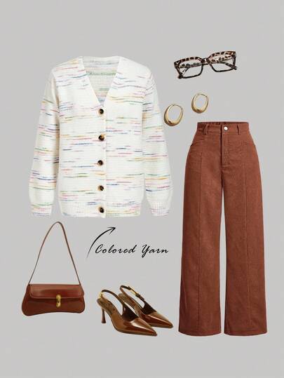 SHEIN MOD Women's Ombre V-Neck Casual Everyday Knit Cardigan,Fall Clothes For Women,Winter Clothes,Christmas Sweater,Oversized Sweater,Elegant Women's Sweater