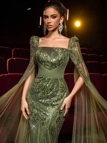 Glamrae فستان أنيق فاخر أخضر زيتوني بياقة مربعة وأكمام طويلة مرصع بالترتر شفاف بتصميم حورية البحر، مناسب للزفاف والحفلات والمناسبات الرسمية والسهرات الراقية وحفلات الضيوف