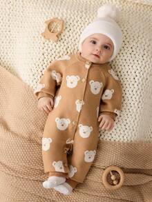 Cozy Pixies Newborn Baby Girl/Boy Cartoon Bear Head Pattern Crew Neck Long Sleeve Romper With Pants, Comfortable All-In-One Bodysuit Autumn Winter Clothes For Women