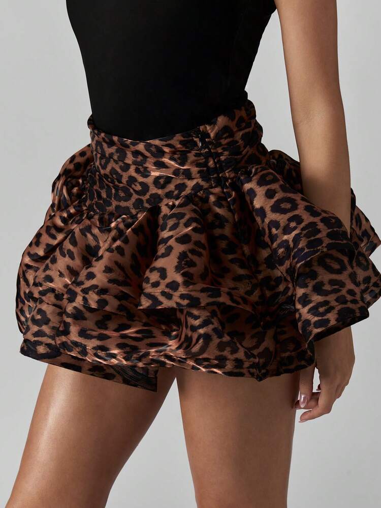 MISSGUIDED Mini-jupe à volants en organza à imprimé léopard