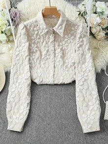 SHEIN Clasi Camisa de mujer con cuello de solapa, cuello vuelto, apertura frontal, diseño de cintura, manga abullonada, manga larga, estilo elegante de alta gama, adecuado para estudiantes, maestros, Acción de Gracias, Halloween, viaje versátil, nueva prenda de moda esencial de otoño, diseño petite, blusa corta regular - Albaricoque - Ver 1