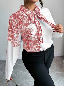 Elenzga Plus Size Random Print Tie Collar Elegant Office Long Sleeve Shirt - Red and White - View 6